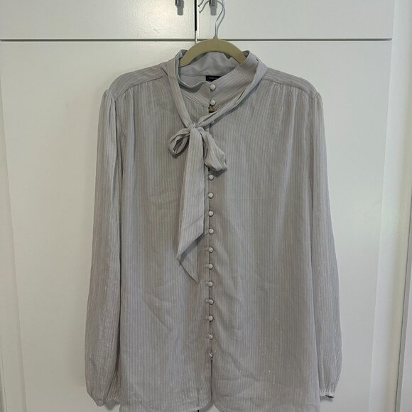 Ann Taylor Metallic Dobby Stripe Bow Blouse XL NWT - Picture 2 of 7